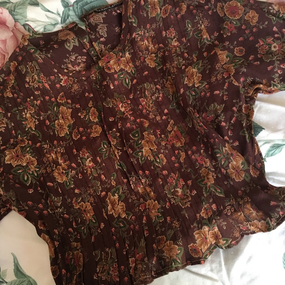 VINTAGE REWORKED BROWN FLORAL PLEATED TIE BACK TOP